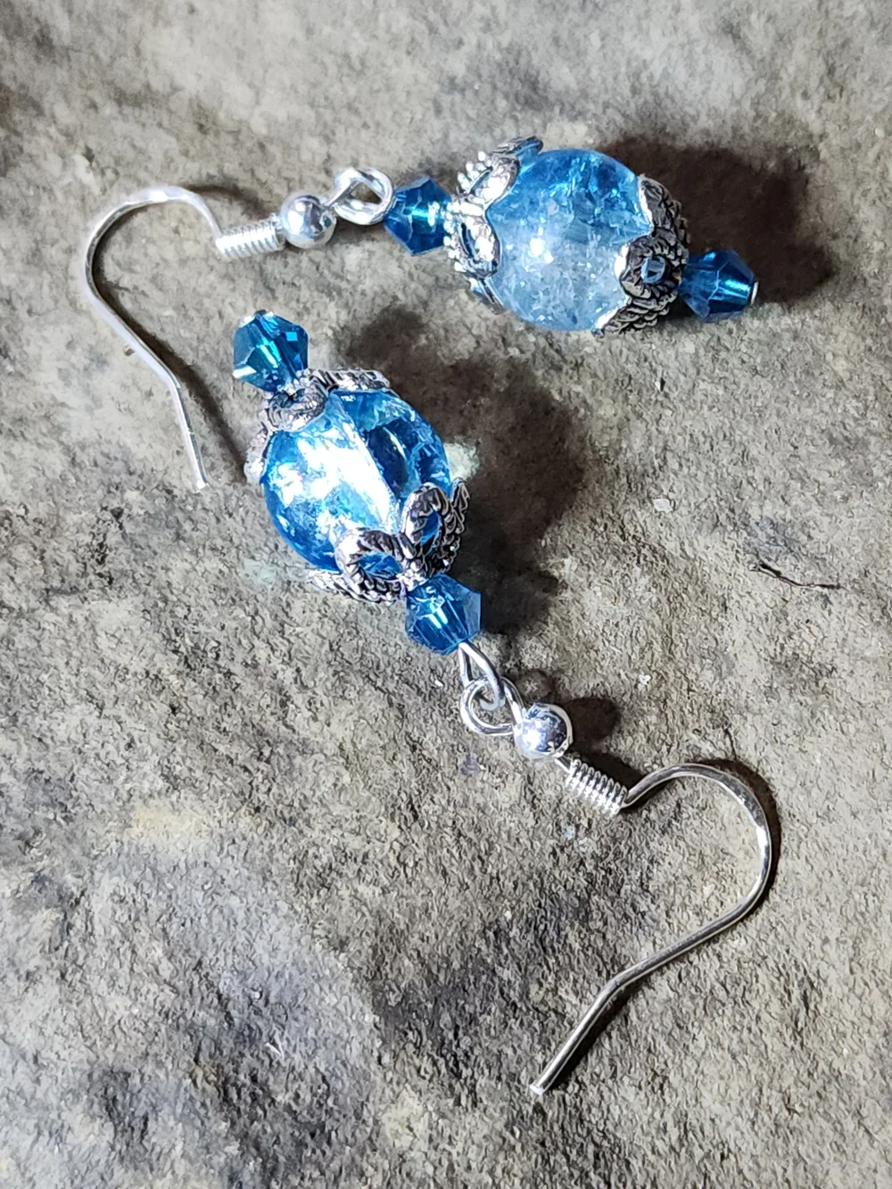 Hand Crafted Dangle Earrings With Crackled Blue & Clear Beads - Picture 4 of 9